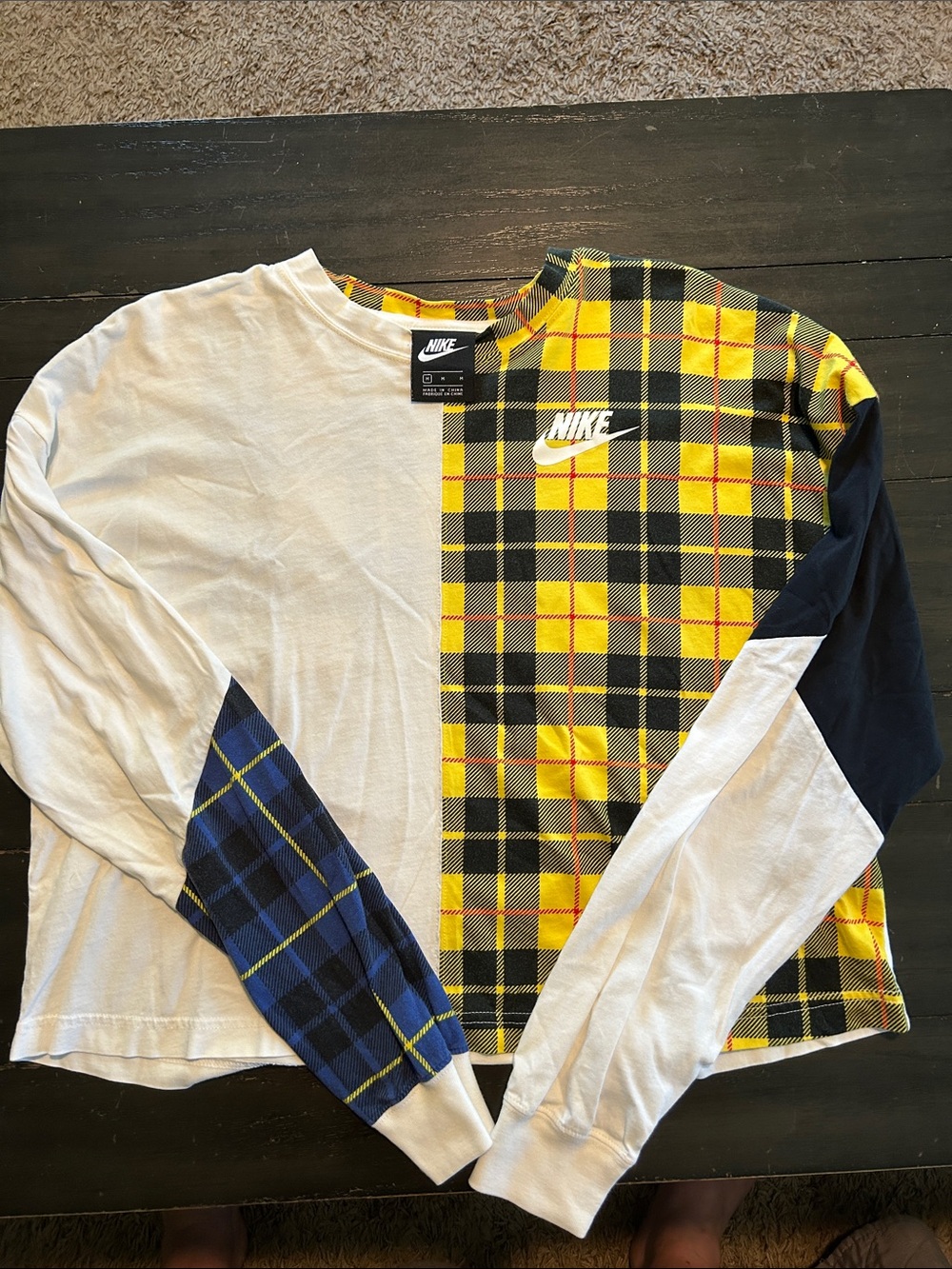 Nike Split Plaid Long Sleeve Tee in Yellow, White & Blue